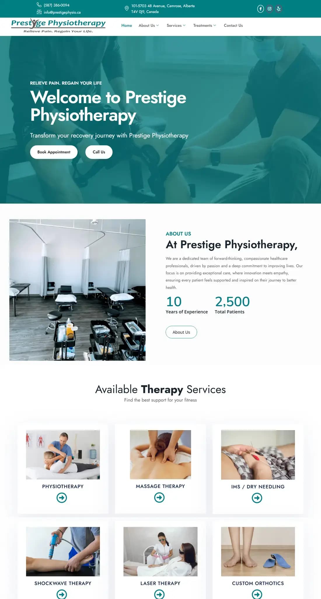 Prestige Physiotherapy website hero with cinematic photography and large typography