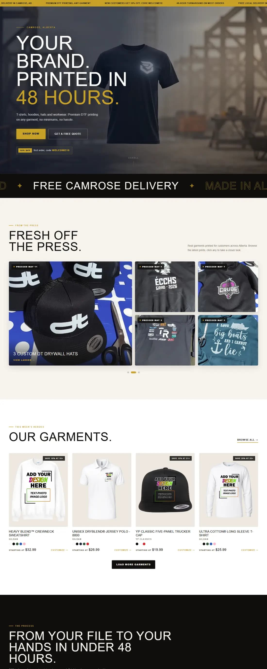 Homepage of the Printify Apparel online store, dark storefront with featured shirt designs