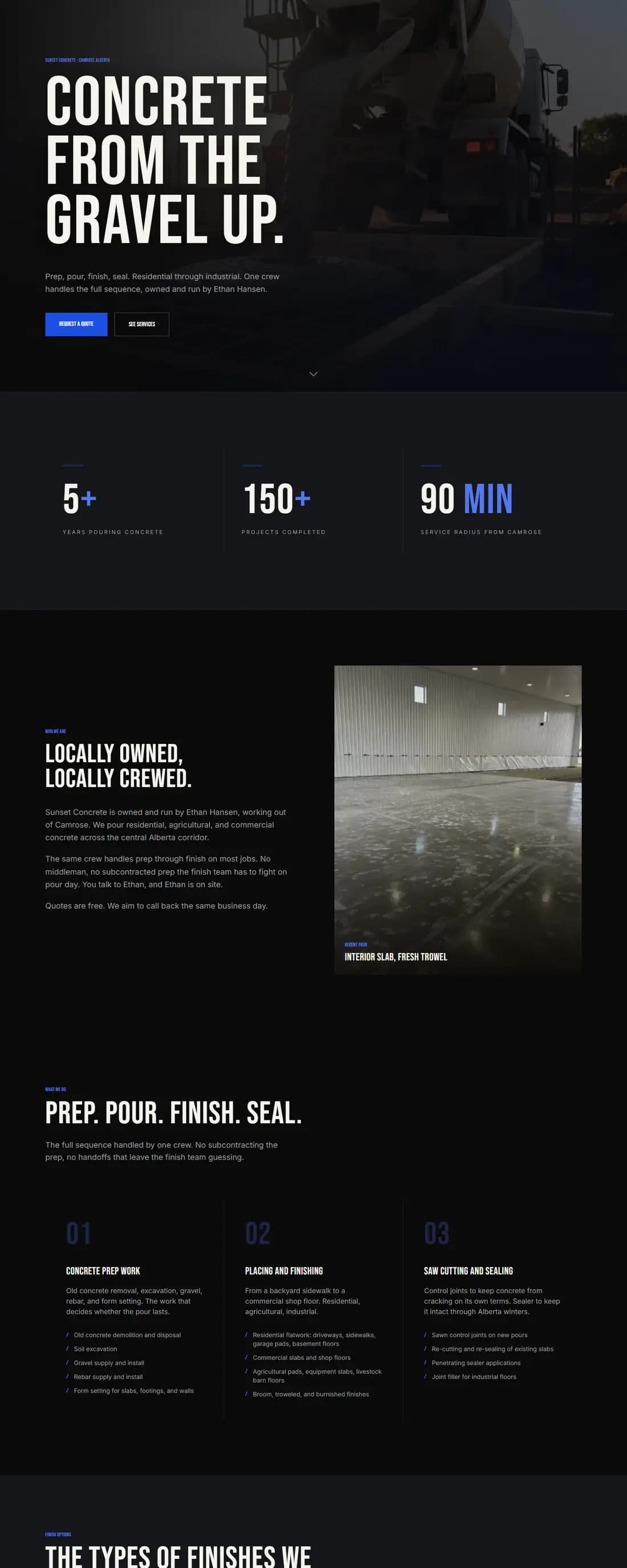 Sunset Concrete website with bold typography over photos of finished concrete work